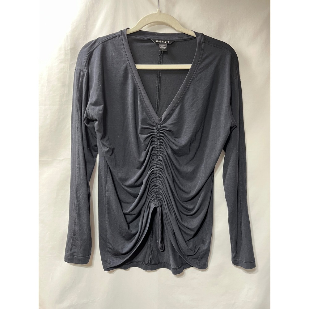 Athleta Womens Small Black Ruched Front V-Neck Long Sleeve Top Cinched Drawstrin